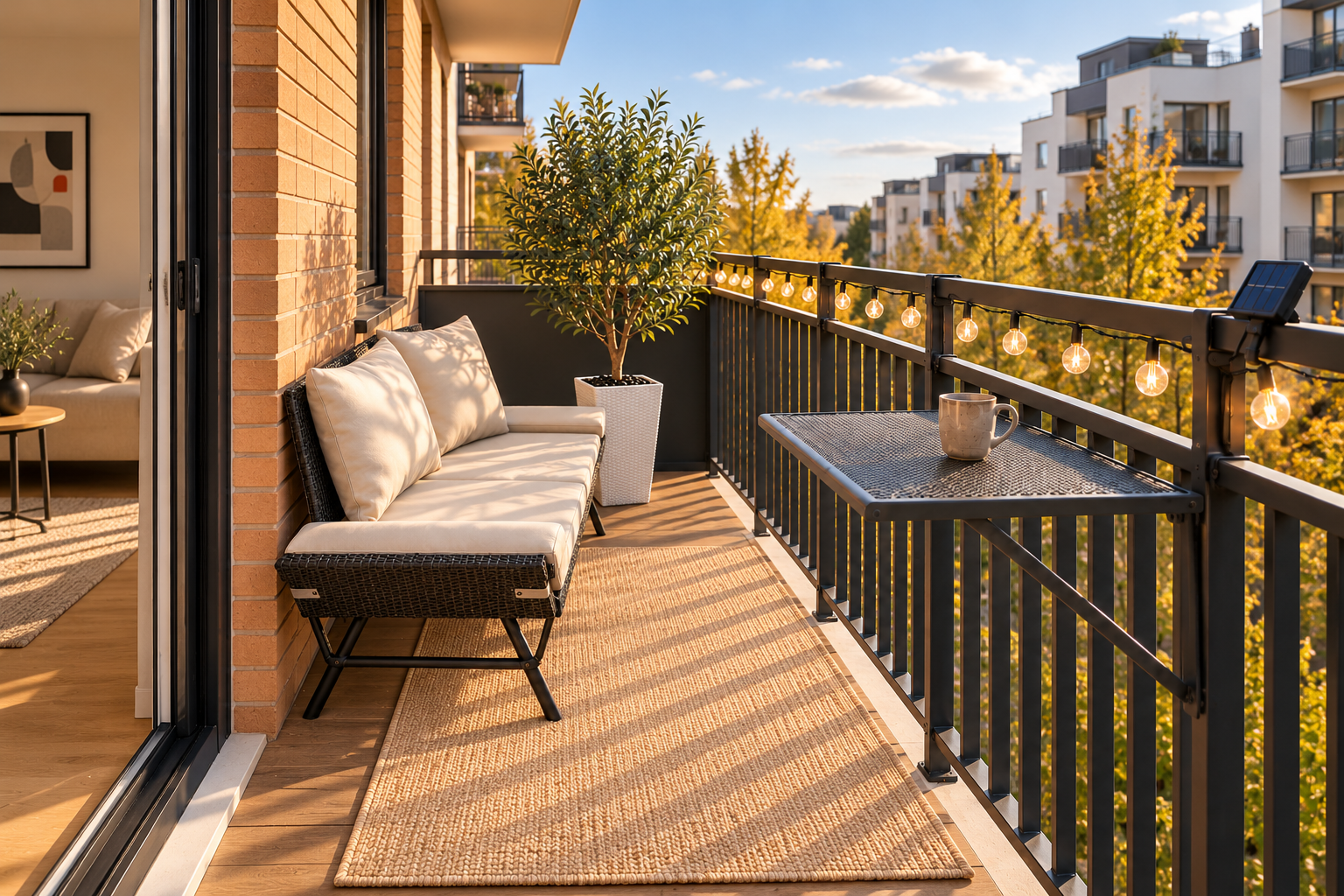 Schmaler Balkon: Lounge mit Rücken an der Hauswand, Blick über das Geländer, Olivenbaum, Hängetisch und Outdoor-Teppich.