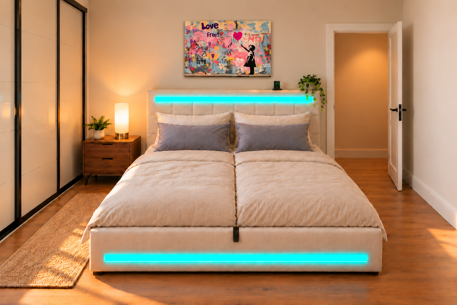 Schlafzimmer mit beige gepolstertem LED-Bett, Kopfteil an der Flurwand, Schiebetürschrank links und Fenster gegenüber dem Fußende.