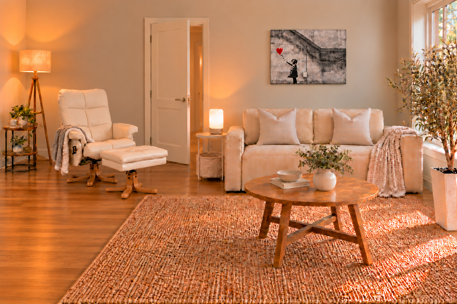 Wohnzimmer mit cremefarbenem Sofa, Leseplatz und natürlicher Einrichtung