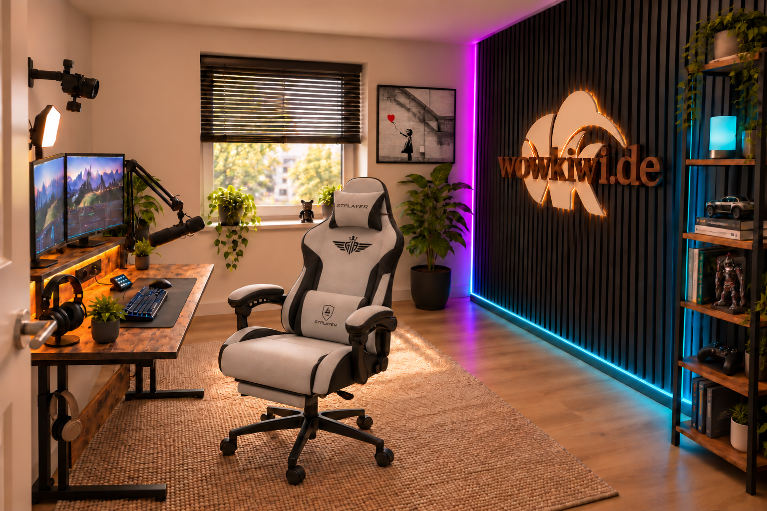 Gaming- und Streamerzimmer mit VASAGLE-Schreibtisch, grauem GTPLAYER-Stuhl, schwarzen TONOR-Akustikpaneelen und farbiger Govee-LED-Beleuchtung hinter dem Sitzplatz.